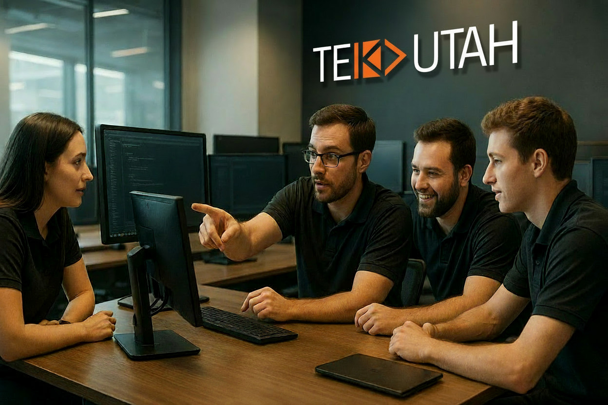 TEK Utah team collaborating on IT solutions in a modern office setting with city views of Salt Lake City, showcasing their expertise in managed services and cybersecurity for Utah businesses.